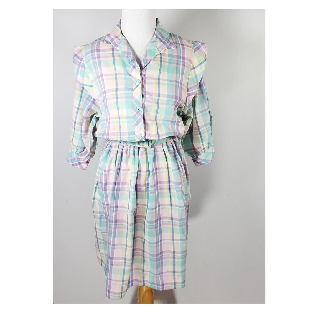 Vintage 1980s Shirt Dress Belted Plaid Pastel Spring Easter Church Size 5 / 6